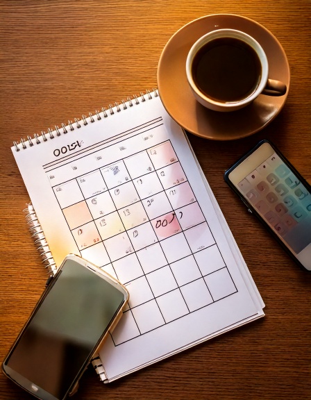 Firefly goal setting calendar on a desk with coffee and smart phones 75579
